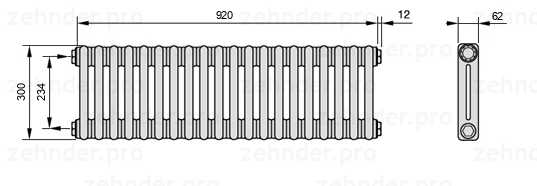 Схема (чертеж) Радиатор Zehnder Charleston 2030/20 №1270 Белый глянцевый RAL 9016